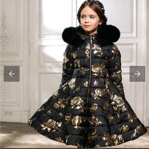 Junona Black Girl Floral Down Puffer Dress Coat with Fur Collar 10-12